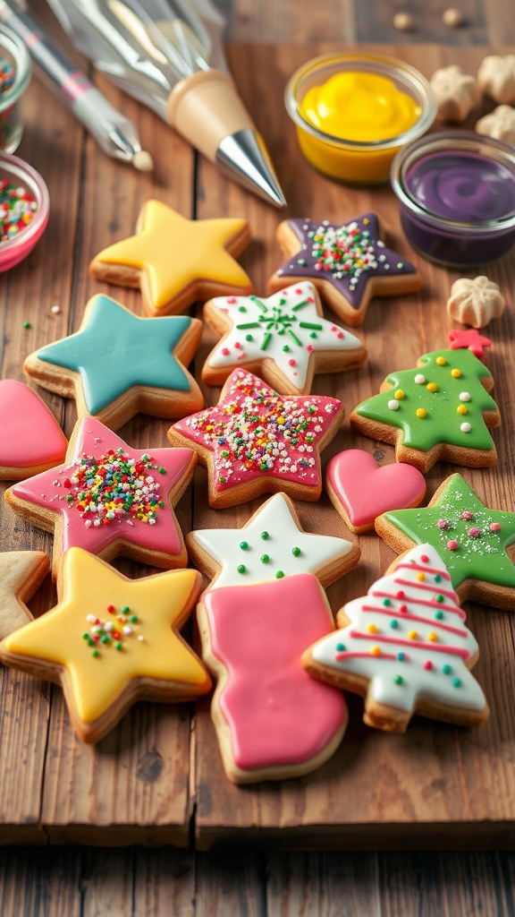 A colorful assortment of decorated cookies on a wooden table, showcasing various shapes and festive designs.
